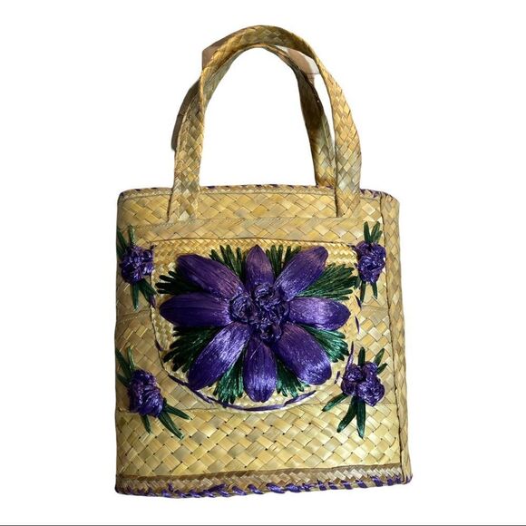Vintage 1960s or 1970s Straw and Raffia Handbag or Small Tote Floral Beachy - Picture 1 of 16